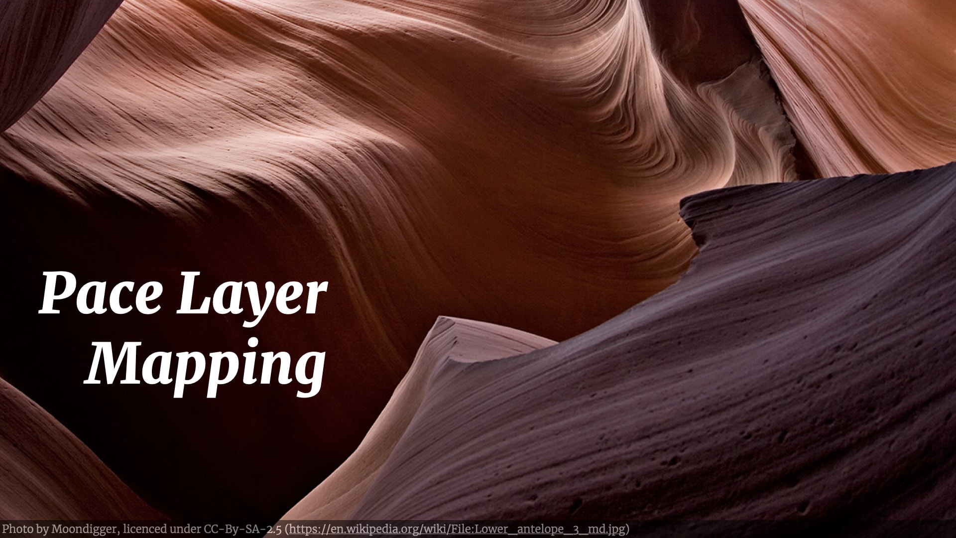 The talk title 'Pace Layer Mapping' on top of a photo of sunlit sandstone rock layers.