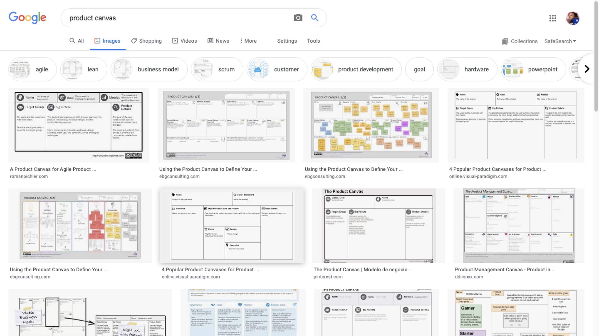 A screen shot of a google image search for 'product canvas' with lots of results.