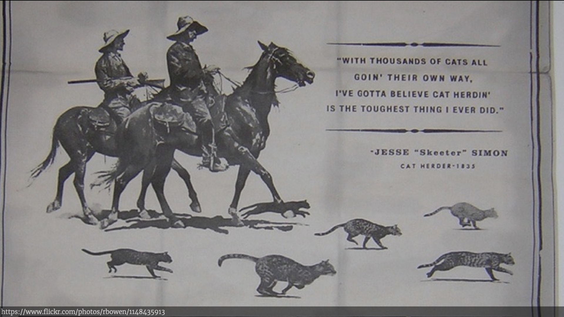 A photo of a mock advert that includes two cowboys herding cats.