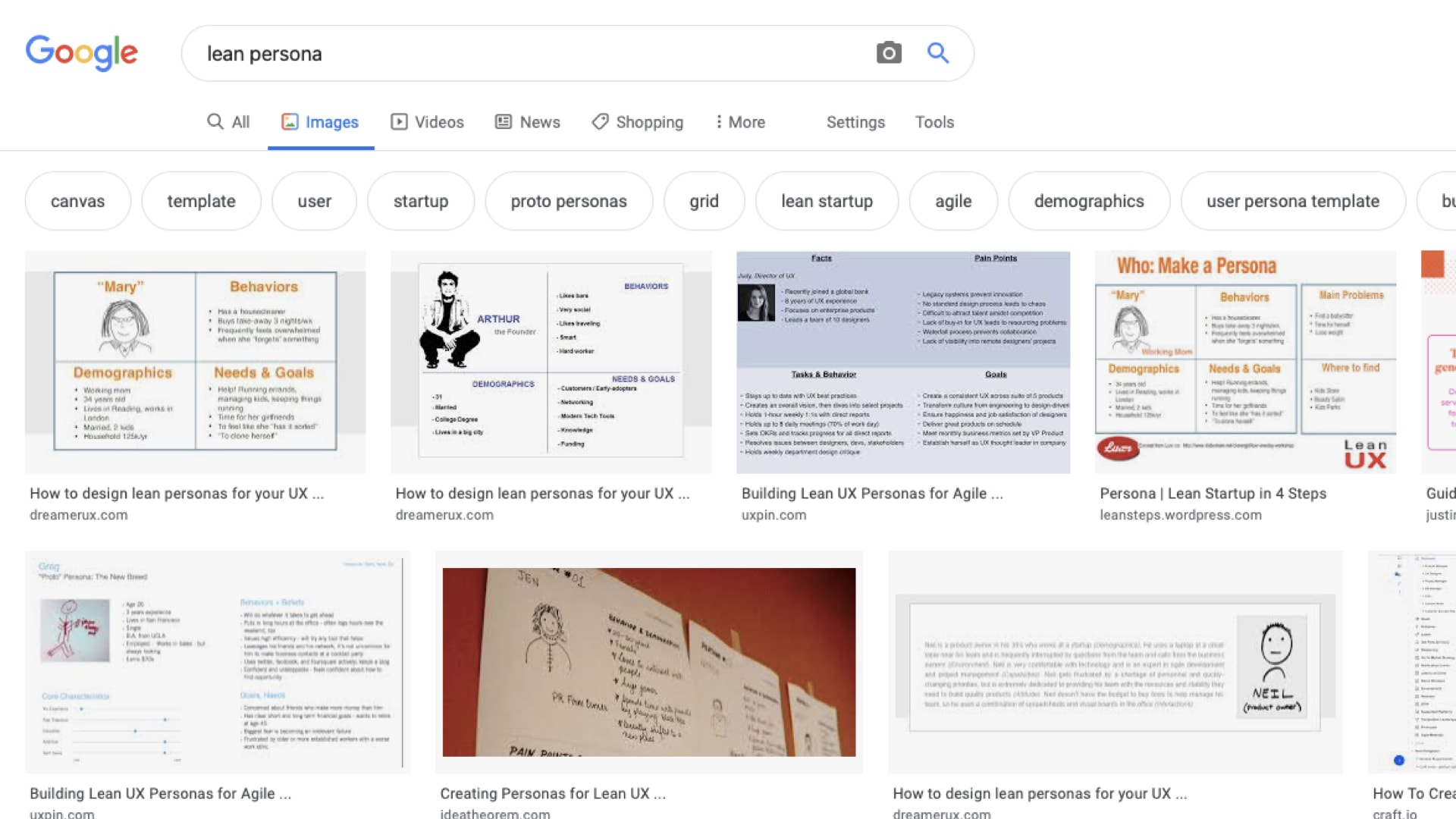 A screen shot of a google image search for 'lean persona' — which returns a lot of four-by-fours.