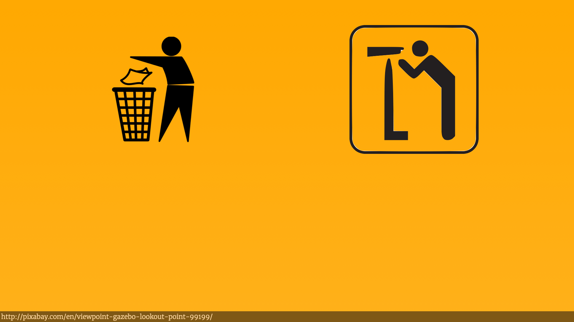 Two illustrations. To the left somebody throwing something into a bin. To the right somebody looking through a telescope.