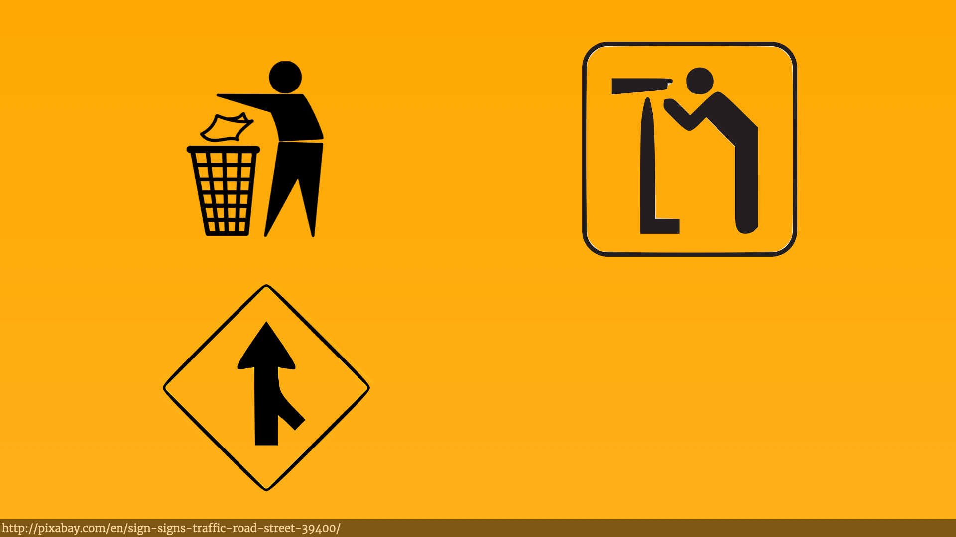 Three illustrations. Top-left somebody throwing something into a bin. Top-right somebody looking through a telescope. Bottom a sign for merging lanes.