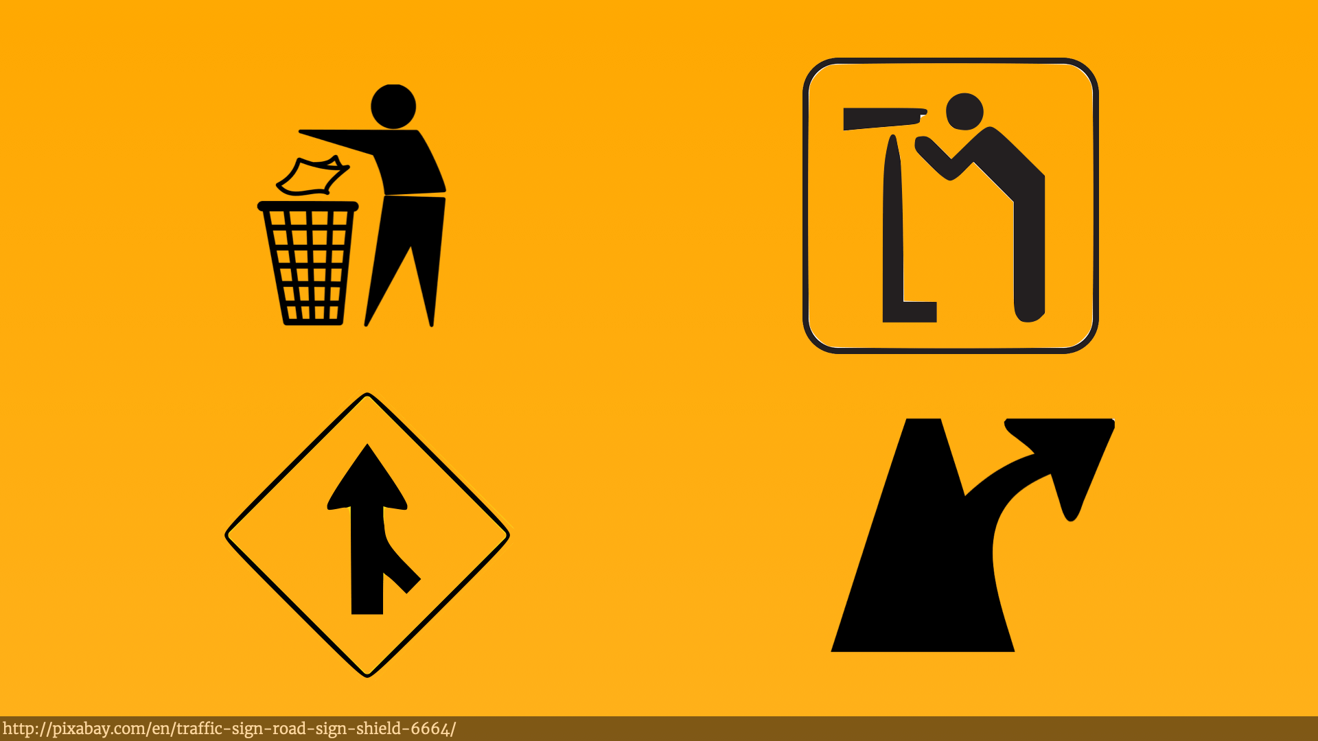 Four illustrations. Top-left somebody throwing something into a bin. Top-right somebody looking through a telescope. Bottom-left a sign for merging lanes. Bottom-right a sign for splitting lanes